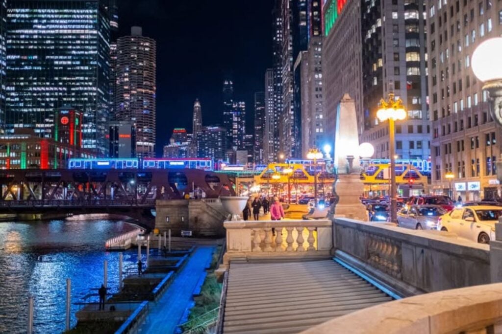 CTA Holiday Train decorated with Christmas lights in downtown Chicago Loop