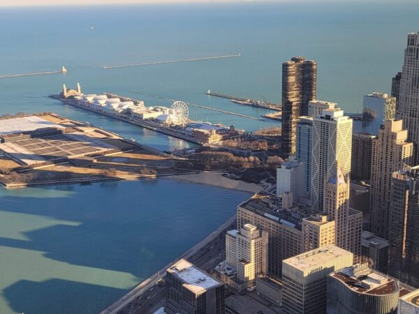 the chicago skyline and lake michigan on martin luther king jr day