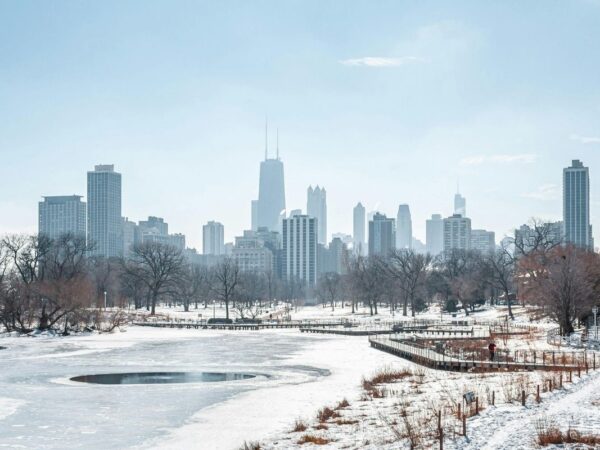 chicago in the winter with skyline in background