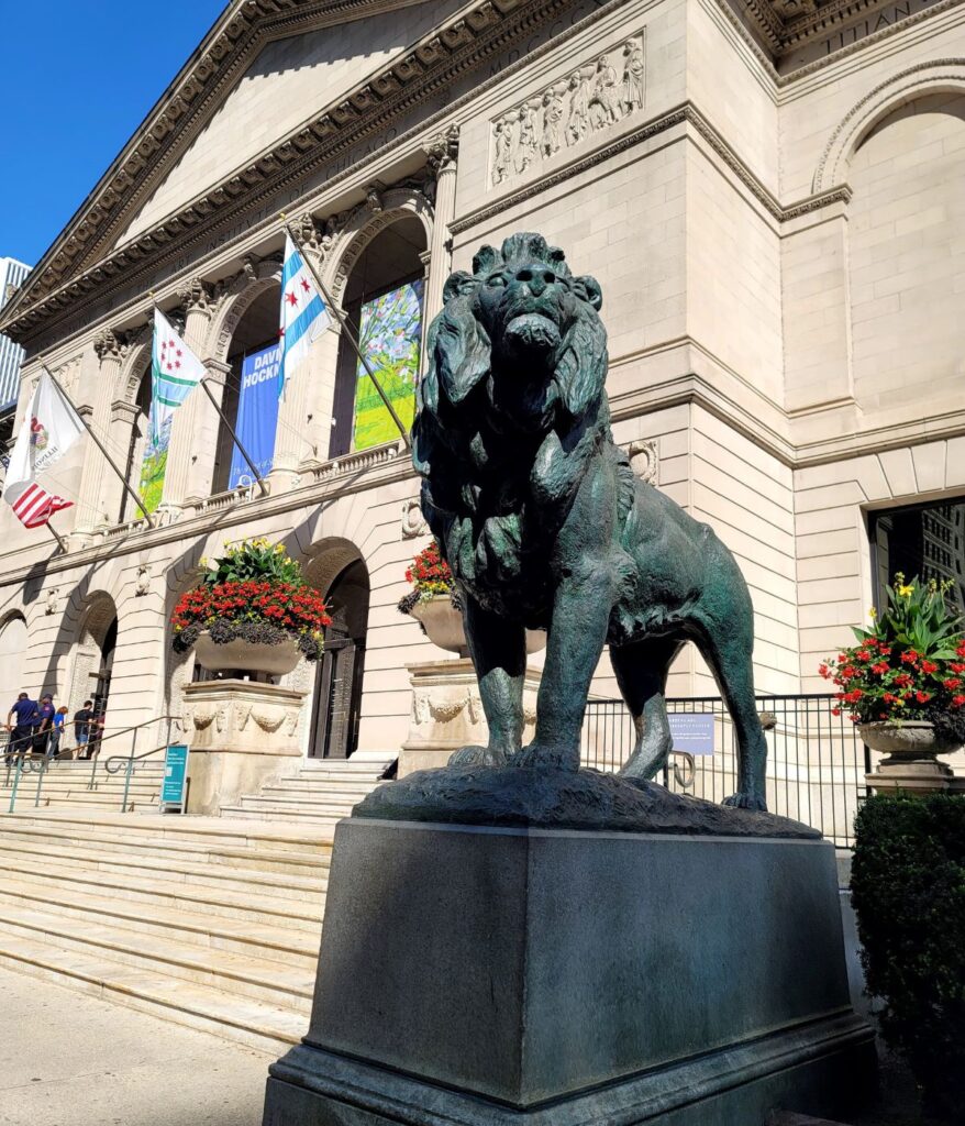 Art Institute of Chicago entrance with iconic bronze lion statue
