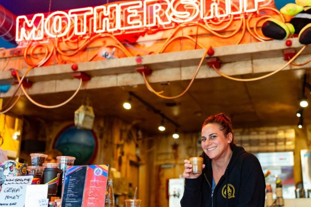 a barista at dark matter coffee in chicago. one of the nest coffee shops in chicago 