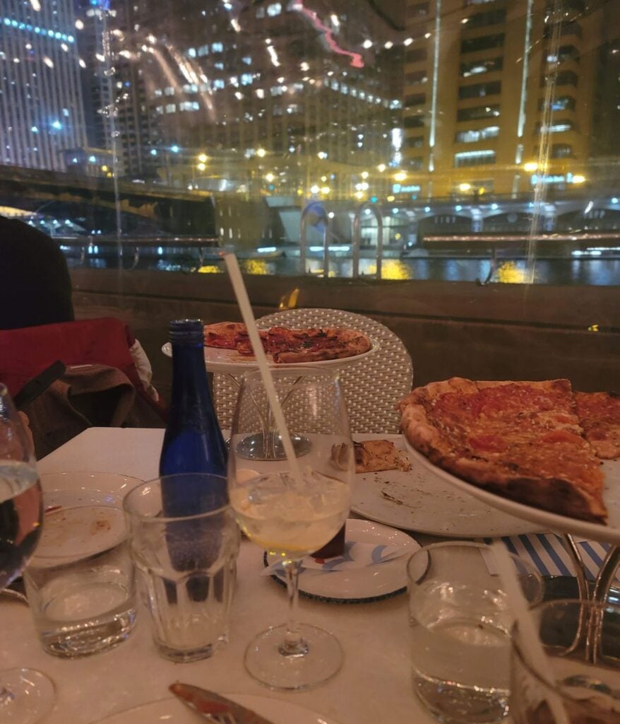 Chicago tavern-style pizza at a riverside restaurant along the Chicago River