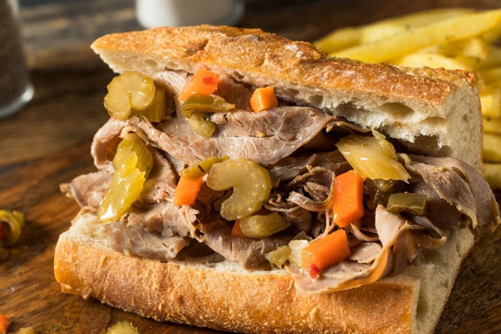 Chicago Italian beef sandwich with giardiniera on crusty bread