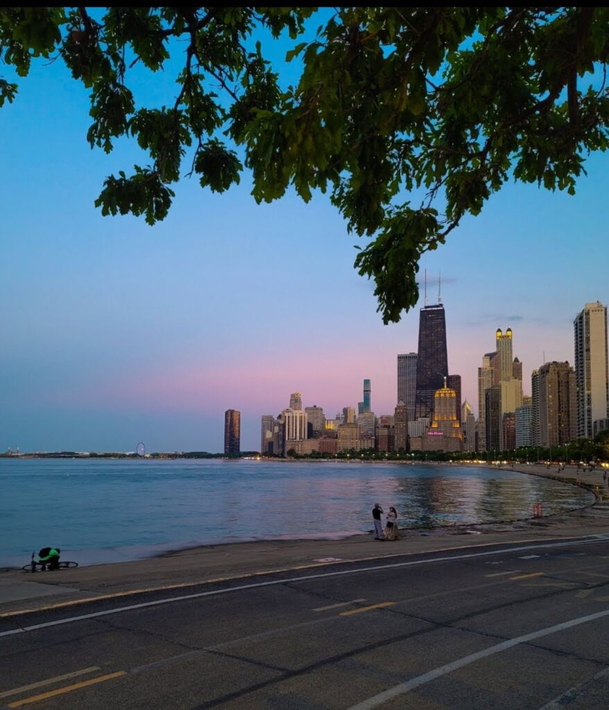 Chicago skyline view from Lincoln Park lakefront at sunset