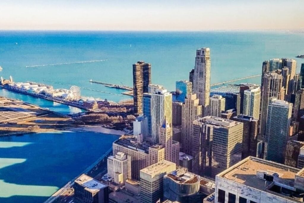 Chicago skyline aerial view with Navy Pier and Lake Michigan waterfront
