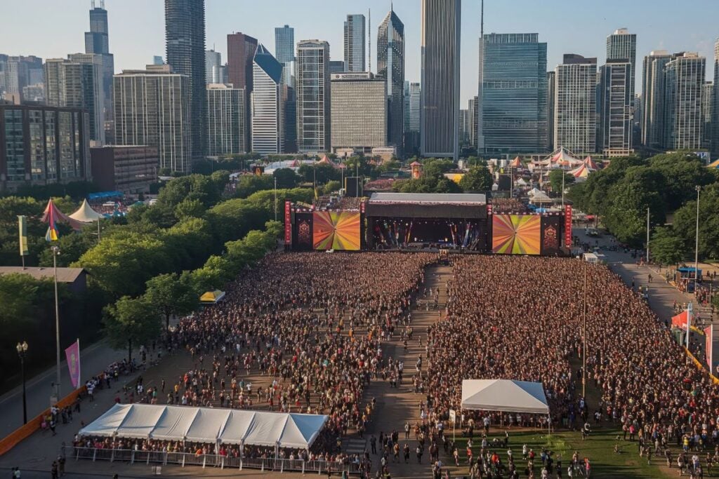 Large crowd gathered at Sueños Music Festival in Grant Park with the Chicago skyline in the background during Memorial Day weekend.