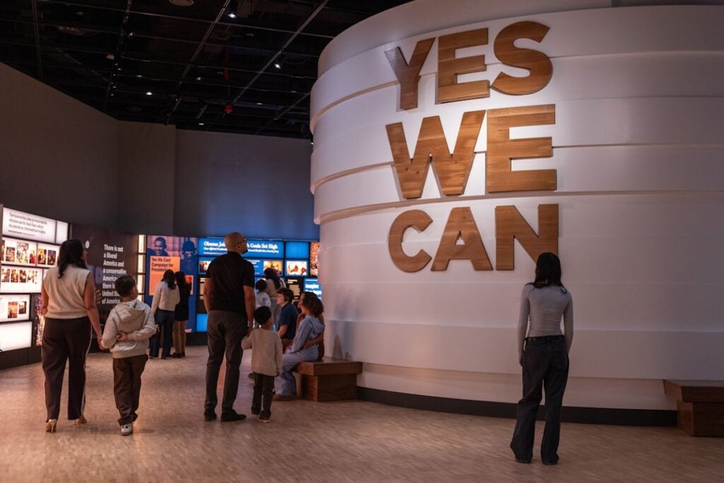 Visitors explore the Yes We Can gallery inside the Obama Presidential Center museum in Chicago
