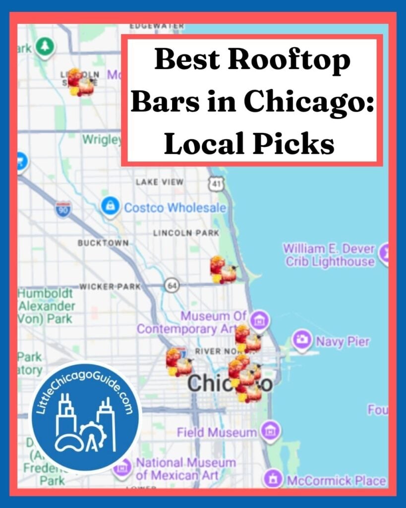 Map of the best rooftop bars in Chicago showing locations across Lincoln Square, River North, the Loop, and Lincoln Park