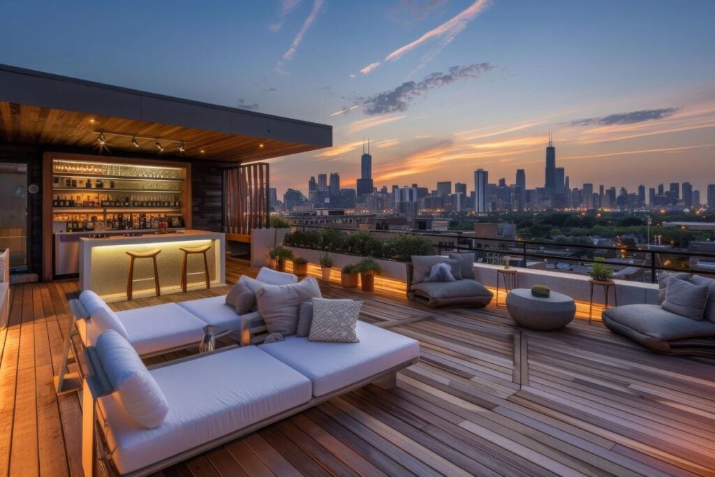 Chicago rooftop bar at sunset with lounge seating and a view of the downtown skyline