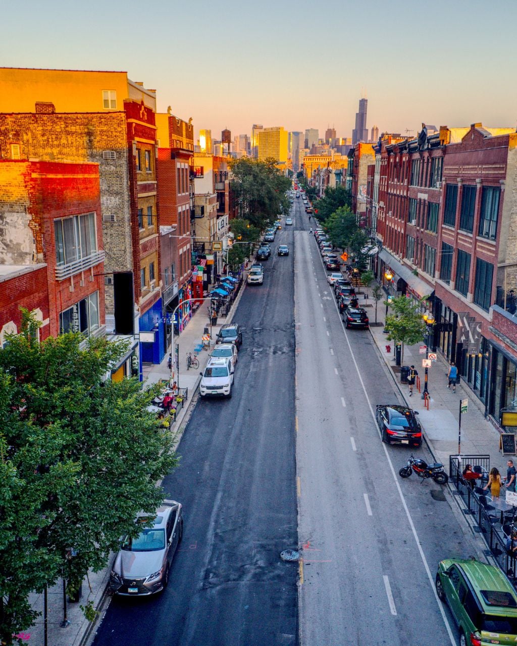 Tree-lined street with indie shops in Wicker Park Chicago