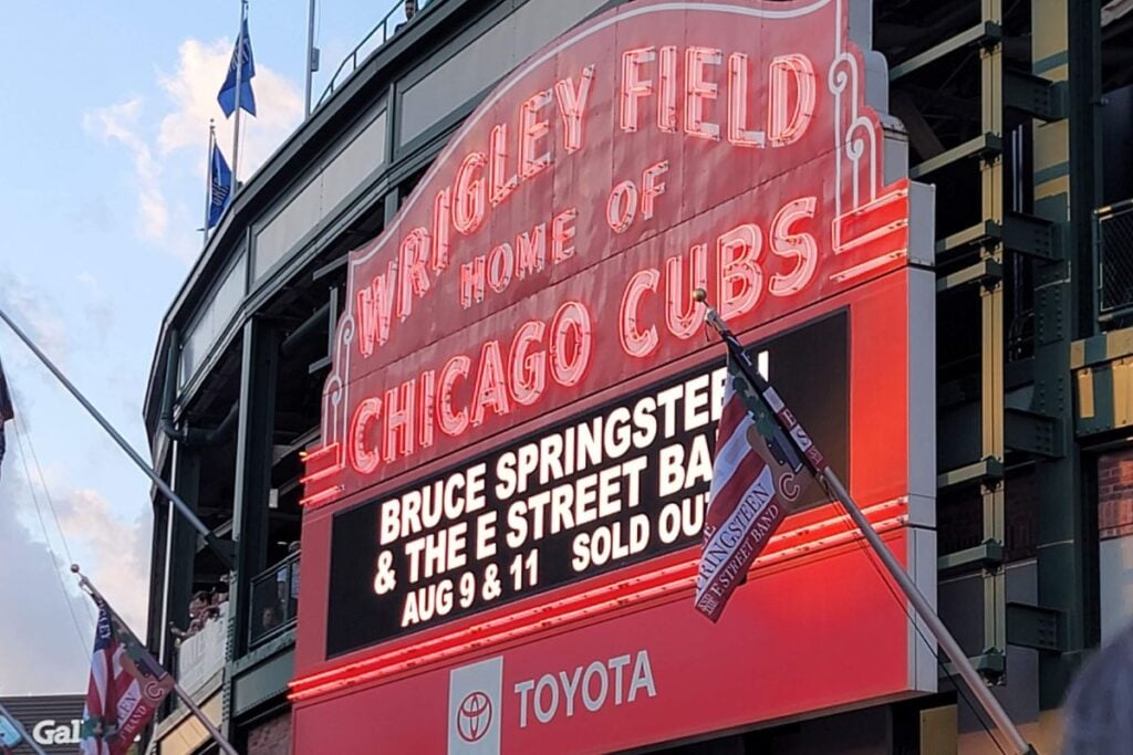 The iconic red Wrigley Field marquee in Wrigleyville, Chicago, home of the Chicago Cubs