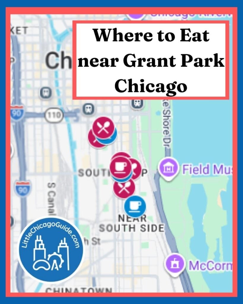 Map of restaurants, coffee shops, and cool-off spots near Grant Park in Chicago's South Loop and Printers Row