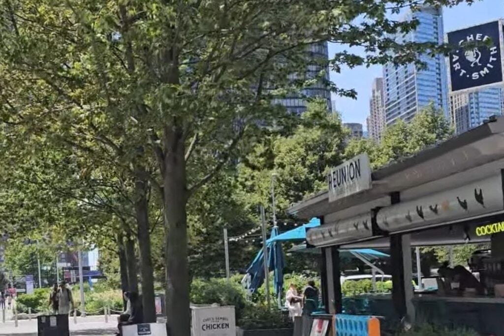 Outdoor patio at Chef Art Smith's Reunion restaurant at Navy Pier with Chicago high-rises behind it