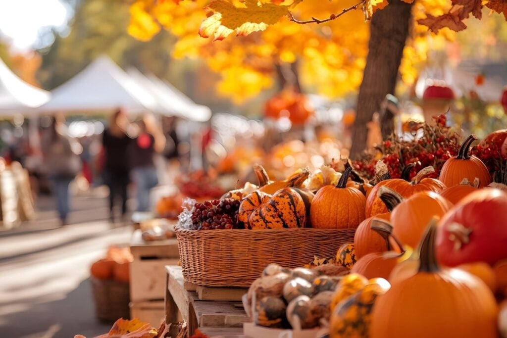 Pumpkins, gourds and autumn produce at an outdoor fall market under yellow maple leaves