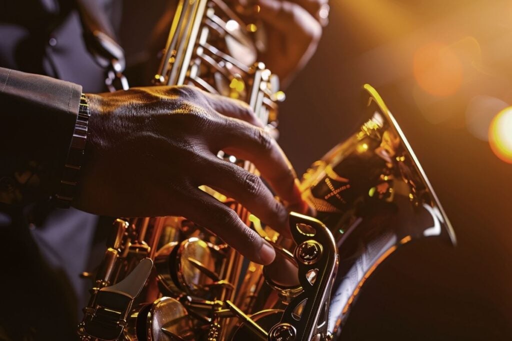 Close-up of a saxophonist's hands on the keys during a jazz performance
