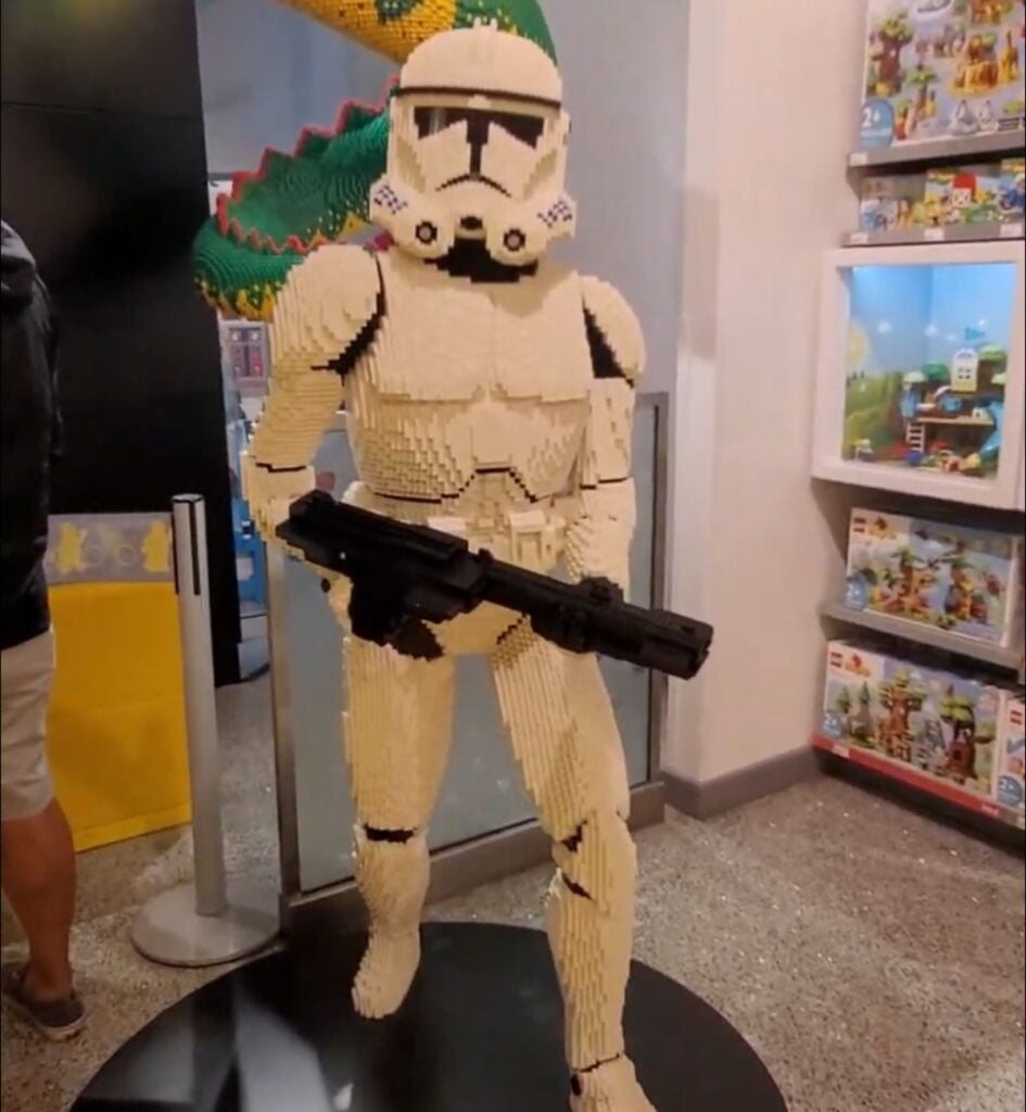 Life-size LEGO clone trooper model on display inside the LEGO Store at Water Tower Place in Chicago