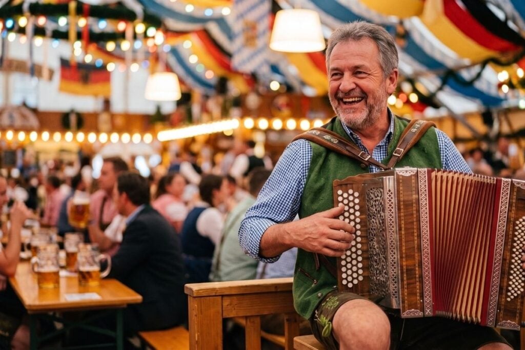 Accordion player in traditional Bavarian dress smiling inside a busy Oktoberfest beer tent