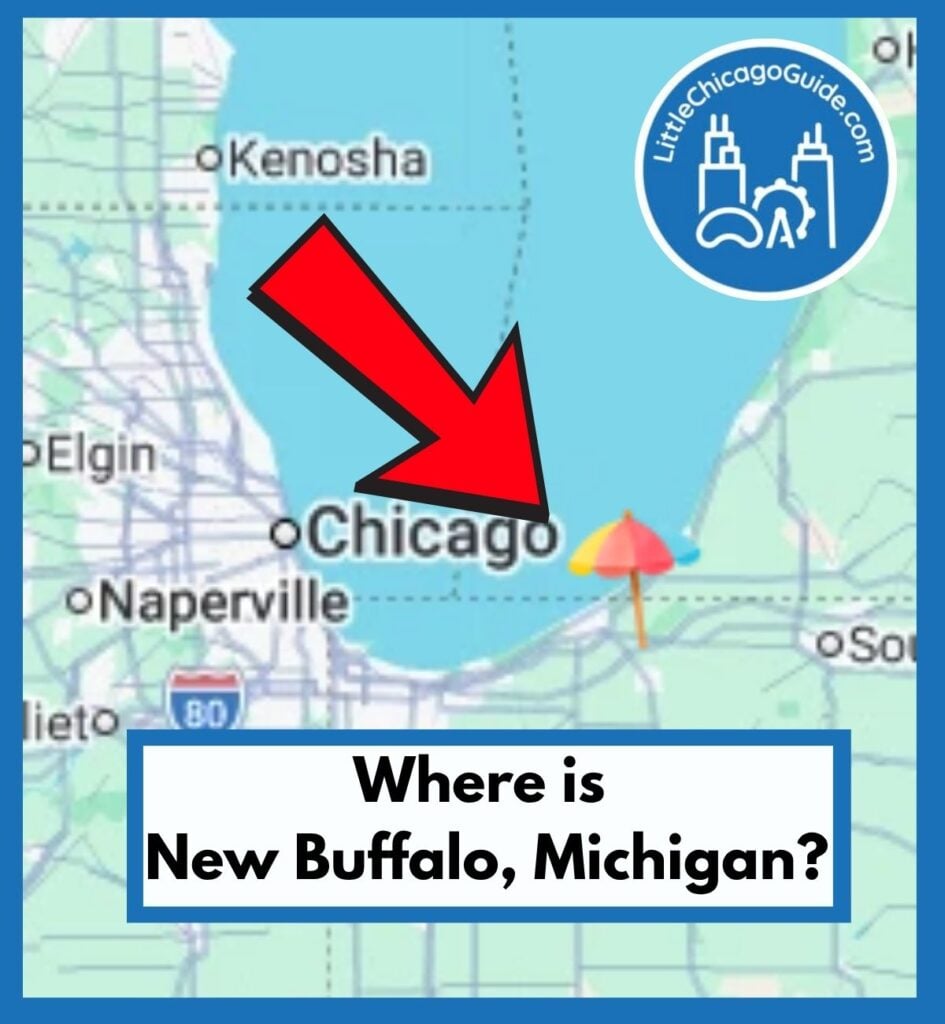 Map showing where New Buffalo, Michigan is located relative to Chicago on the southeast shore of Lake Michigan