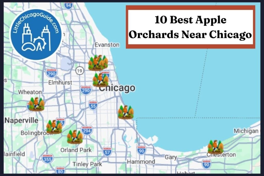 Map of the Chicago area showing apple orchard locations across Illinois, Indiana and beyond