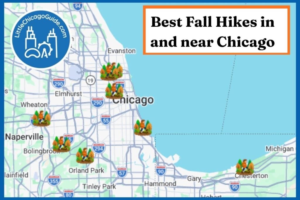 Map of the Chicago area showing fall hiking locations from Naperville to Chesterton, Indiana
