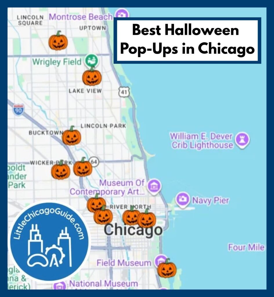 Map of Chicago's best Halloween pop-up bars, with pumpkin pins from Wrigleyville to River North and Museum Campus