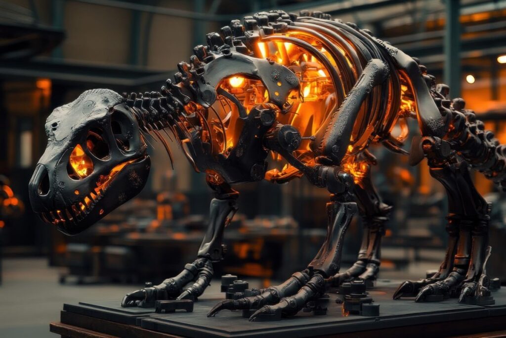 Illuminated mechanical dinosaur skeleton exhibit inside a museum hall